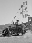 Edward Quinn and a friend. Clews Museum, La Napoule 1951. Quinn's car: Mathis Type PYC 1931 or 1932 cabriolet - Photo by Edward Quinn