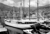 Cargo ship Costa del Sol, which replaced yacht Deo Juvante II, later converted for Prince Rainier into luxury boat Deo Juvante III. Anchored in Monaco harbor 1959. - Photo by Edward Quinn