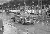 N° 189 Waltmann / Galjaard on Jowett undergoing the breaking and starting test. Cars will have to accelerate as fast as possible for 200 metres from a standing start, and then pull up in the shortest possible distance, for the cars have to keep a line between the axles. Rallye Monte Carlo 1951. - Photo by Edward Quinn