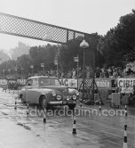 N° 208 Carter / Whitehouse on Humber, undergoing the breaking and starting test. Cars will have to accelerate as fast as possible for 200 metres from a standing start, and then pull up in the shortest possible distance, for the cars have to keep a line between the axles. Rallye Monte Carlo 1951 - Photo by Edward Quinn