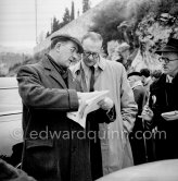 Sydney H. Allard (center), winner of Rallye MC 1952 with G. Warburton on N° 146, Allard P1, 4,375 c.c. Ford V8 side-valve motor. He was the founder of the Allard car company and a successful racing motorist in cars of his own manufacture. Starting from Glasgow he narrowly defeated Stirling Moss, in a Sunbeam-Talbot 90, who finished second overall. Rallye Monte Carlo 1952. - Photo by Edward Quinn