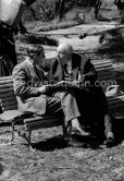 Jean Renoir talks to Huw Wheldon about his father, the painter Auguste Renoir. BBC program Monitor, episode Father and Son. At Domaine des Collettes, the estate of the Renoir family. Cagnes-sur-Mer 1962. - Photo by Edward Quinn