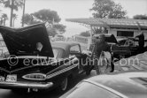 Bijan, the brother of Soraya, about to leave. Monte Carlo 1960. Cars: 1959 Chevrolet Impala 2-door convertible and Cadillac 1958 Series 75 limousine - Photo by Edward Quinn