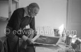 Graham Sutherland at La Villa Blanche, working on an etching. Menton 1976. - Photo by Edward Quinn