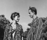 German industrialist Hans Heinrich Thyssen and photo model Nina Dyer before their wedding. Eden Roc, Cap d'Antibes 1953. - Photo by Edward Quinn