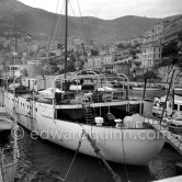 Yacht Trenora being built by Thornycrofts. Monaco harbor 1954. This yacht was ordered by a ‘distinguished English Surgeon in Paris’ named Mr Gerald Stanley. Monaco harbor 1954. - Photo by Edward Quinn
